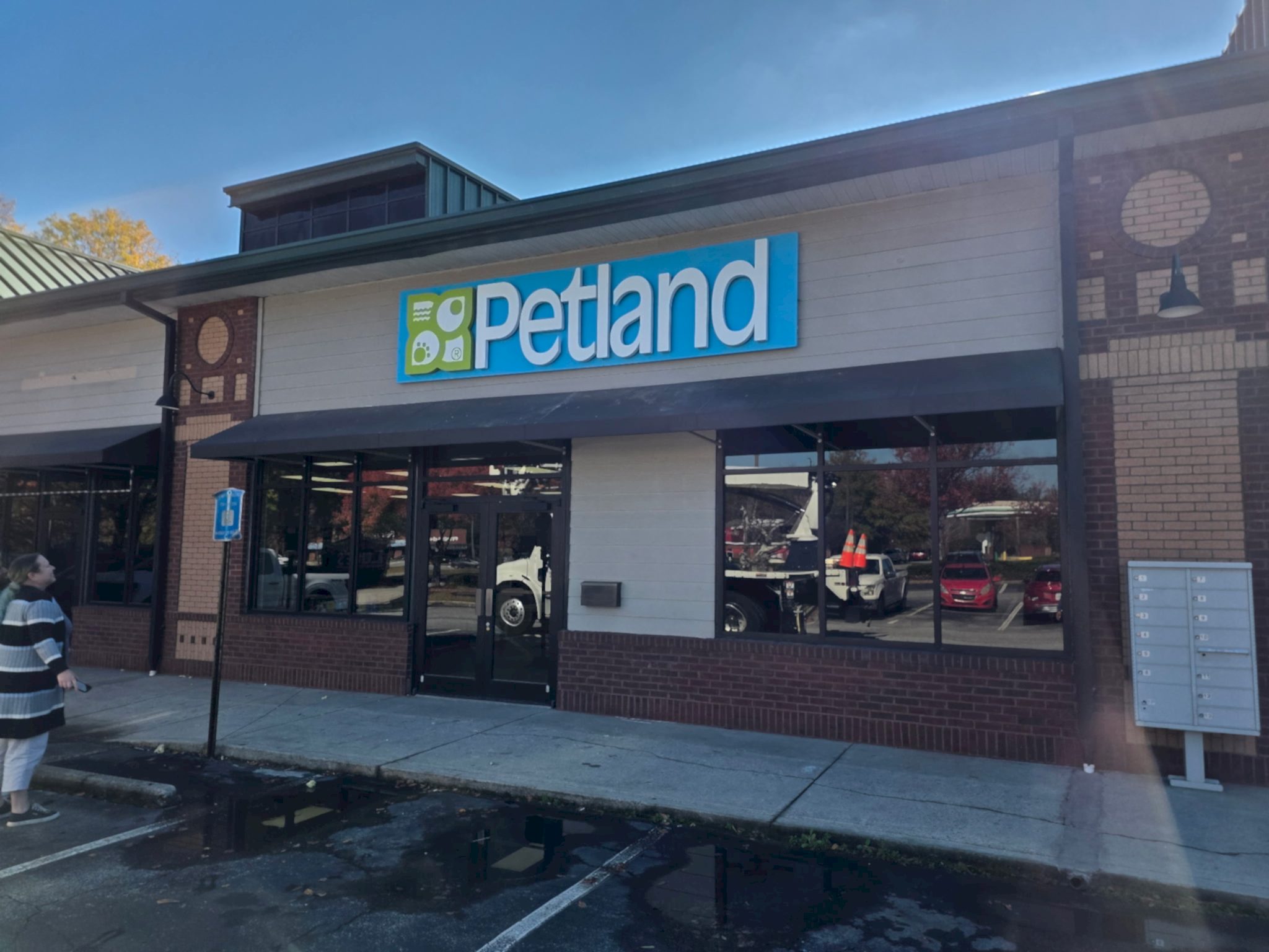 Reverse lit channel letter building sign for Petland in Alpharetta, GA, mounted on an aluminum pan with bright halo illumination for high visibility.